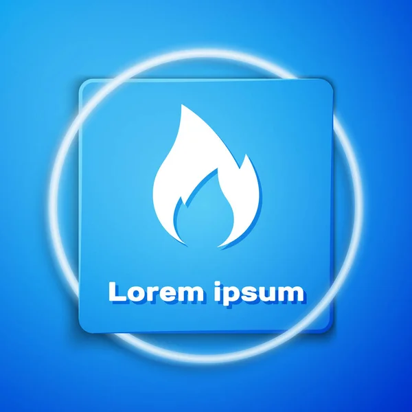 White Fire flame icon isolated on blue background. Heat symbol. Blue square button. Vector Illustration