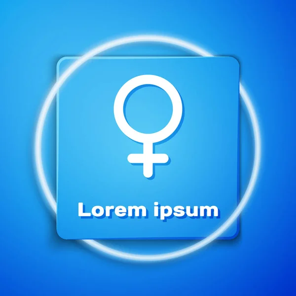 White Female gender symbol icon isolated on blue background. Venus symbol. The symbol for a female organism or woman. Blue square button. Vector Illustration