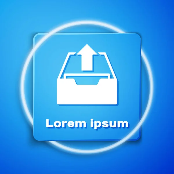 Біла піктограма вивантаження вхідних повідомлень ізольовано на синьому фоні. Видобувати файли з архіву. Блакитна квадратна кнопка. Векторна ілюстрація — стоковий вектор