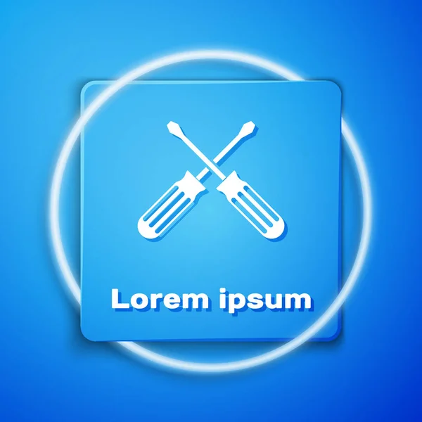 Білі викручені викрутки ізольовані на синьому фоні. Символ службового інструменту. Синя квадратна кнопка. Векторний приклад — стоковий вектор
