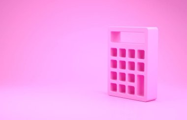 Pembe hesap makinesi simgesi pembe arkaplanda izole edilmiş. Muhasebe sembolü. İş hesaplamaları matematik eğitimi ve finans. Minimalizm kavramı. 3d illüstrasyon 3d canlandırma