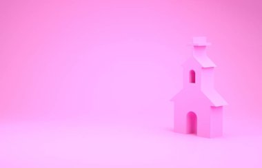 Pembe kilise binası ikonu pembe arka planda izole edilmiş. Hıristiyan Kilisesi. Kilisenin dini. Minimalizm kavramı. 3d illüstrasyon 3B canlandırma