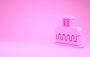 Pembe renkli kek, pembe arka planda izole edilmiş yanan mum simgesi. Doğum günün kutlu olsun. Minimalizm kavramı. 3d illüstrasyon 3d canlandırma
