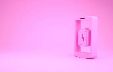 Pembe Akıllı Telefon şarj ikonu pembe arka planda izole edilmiş. Şarjı az bir telefon. Minimalizm kavramı. 3d illüstrasyon 3B canlandırma
