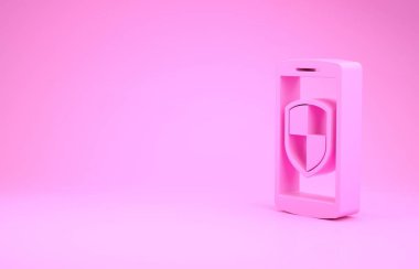 Pembe akıllı telefon, pembe arka planda güvenlik kalkanı simgesi olan cep telefonu. Minimalizm kavramı. 3d illüstrasyon 3d canlandırma