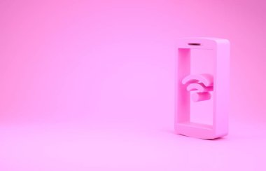 Pembe arkaplanda izole edilmiş ücretsiz kablosuz bağlantı ikonu olan Pembe Akıllı Telefon. Kablosuz teknoloji, kablosuz ağ, sıcak nokta kavramları. Minimalizm kavramı. 3d illüstrasyon 3d canlandırma