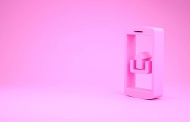 Pembe Smartphone pembe arkaplanda izole edilmiş bir gönderme simgesi. Minimalizm kavramı. 3d illüstrasyon 3d canlandırma