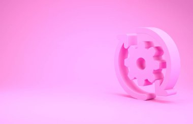 Pembe dişli ve oklar iş akışı konsepti ikonu olarak pembe arka planda izole edildi. Vites doldurma tabelası. Minimalizm kavramı. 3d illüstrasyon 3d canlandırma