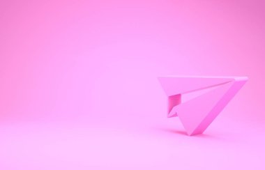Pembe kağıt uçak ikonu pembe arka planda izole edilmiş. Kağıt uçak ikonu. Uçak işareti. Minimalizm kavramı. 3d illüstrasyon 3d canlandırma