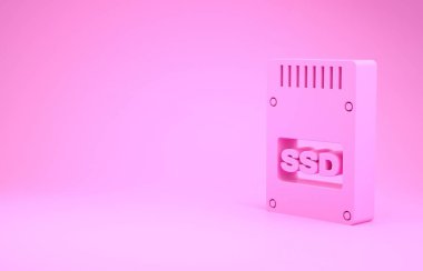Pembe SSD kart simgesi pembe arkaplanda izole edilmiş. Katı eyalet sürücü işareti. Depolama diski sembolü. Minimalizm kavramı. 3d illüstrasyon 3d canlandırma