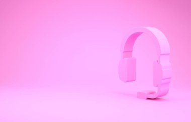 Pembe arka planda izole edilmiş mikrofon ikonlu pembe kulaklıklar. Müzik, hizmet, iletişim ve operatör için kavramsal nesne. Minimalizm kavramı. 3d illüstrasyon 3d canlandırma