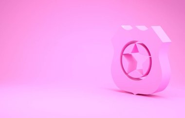 Pembe polis rozeti ikonu pembe arka planda izole edilmiş. Şerif rozeti. Minimalizm kavramı. 3d illüstrasyon 3d canlandırma