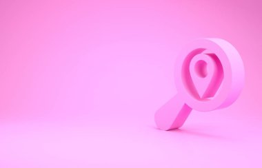 Pembe Arama konumu simgesi pembe arkaplanda izole edildi. İşaretli büyüteç. Minimalizm kavramı. 3d illüstrasyon 3d canlandırma
