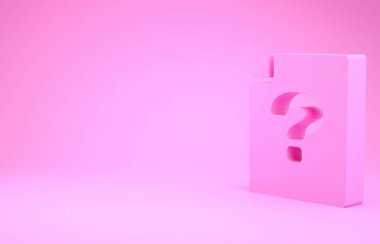 Pembe arka planda izole edilmiş bilinmeyen belge simgesi. Soru işareti olan dosya. Raporu, servisi ve küresel arama işaretini beklet. Minimalizm kavramı. 3d illüstrasyon 3d canlandırma