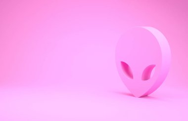 Pembe Uzaylı simgesi pembe arka planda izole edilmiş. Uzaylı yüzü ya da kafa sembolü. Minimalizm kavramı. 3d illüstrasyon 3d canlandırma