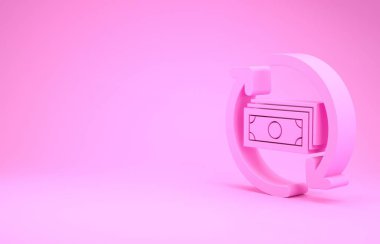 Pembe para iadesi simgesi pembe arka planda izole edilmiş. Finansal hizmetler, nakit geri ödeme konsepti, para iadesi, yatırım dönüşü, tasarruf hesabı. Minimalizm kavramı. 3d illüstrasyon 3d canlandırma
