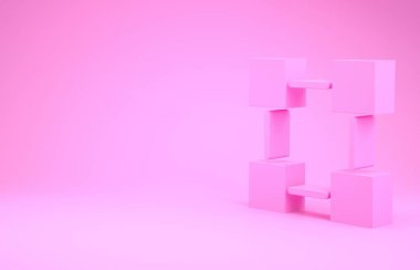Pembe engelleme teknolojisi ikonu pembe arka planda izole edildi. Kripto para birimi verileri. Soyut geometrik blok zincir ağ teknolojisi işi. Minimalizm kavramı. 3d illüstrasyon 3d canlandırma