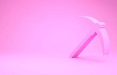 Pembe Kazma simgesi pembe arkaplanda izole edilmiş. Engelleme teknolojisi, kripto para madenciliği, bitcoin, dijital para piyasası, kripto para cüzdanı. Minimalizm kavramı. 3d illüstrasyon 3d canlandırma