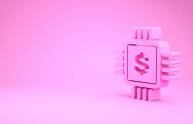 Pembe İşlemci yongası ve pembe arka planda dolar simgesi var. İşlemci ve bir dolar işareti. Minimalizm kavramı. 3d illüstrasyon 3d canlandırma