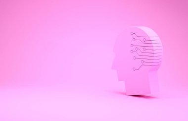 Pembe insan beyni, pembe arka planda izole edilmiş dijital devre kartı simgesi. Yapay Zeka. İçinde devre çizgileri olan insan kafası. Minimalizm kavramı. 3d illüstrasyon 3d canlandırma