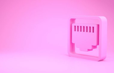 Pembe Ağ portu - pembe arkaplanda izole edilmiş kablo soket simgesi. Ian, ethernet port işareti. Yerel alan bağlantı simgesi. Minimalizm kavramı. 3d illüstrasyon 3d canlandırma