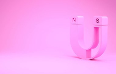 Pembe Mıknatıs simgesi pembe arka planda izole edilmiş. At nalı mıknatısı, manyetizma, manyetizma, çekim işareti. Minimalizm kavramı. 3d illüstrasyon 3d canlandırma