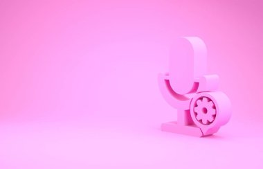 Pembe mikrofon ve teçhizat ikonu pembe arka planda izole edilmiş. Uygulama, servis konsepti, ayar seçenekleri, bakım, onarım, onarım. Minimalizm kavramı. 3d illüstrasyon 3d canlandırma
