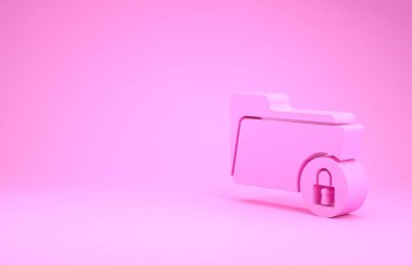 Pembe Dizin ve kilit simgesi pembe arkaplanda izole edildi. Kapalı dosya ve asma kilit. Güvenlik, güvenlik, koruma kavramı. Minimalizm kavramı. 3d illüstrasyon 3B canlandırma