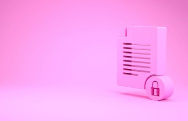 Pembe Belge ve kilit simgesi pembe arkaplanda izole edildi. Dosya biçimi ve asma kilit. Güvenlik, güvenlik, koruma kavramı. Minimalizm kavramı. 3d illüstrasyon 3B canlandırma