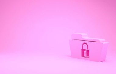 Pembe Dizin ve kilit simgesi pembe arkaplanda izole edildi. Kapalı dosya ve asma kilit. Güvenlik, güvenlik, koruma kavramı. Minimalizm kavramı. 3d illüstrasyon 3B canlandırma