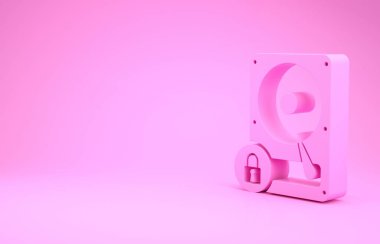 Pembe disk sürücüsü ve kilit simgesi pembe arkaplanda izole edildi. Yüksek çözünürlük ve asma kilit. Güvenlik, güvenlik, koruma kavramı. Minimalizm kavramı. 3d illüstrasyon 3d canlandırma