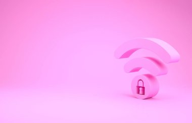 Pembe Wifi kilit simgesi pembe arka planda izole edildi. Şifre kablosuz ağ sembolü. Kablosuz ağ simgesi. Karı bölgesi. Minimalizm kavramı. 3d illüstrasyon 3d canlandırma