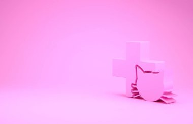 Pembe Veterinerlik Kliniği sembolü pembe arka planda izole edilmiş. Kedi veterinerliği ile karşılaştır. Evcil hayvan ilk yardım işareti. Minimalizm kavramı. 3d illüstrasyon 3d canlandırma
