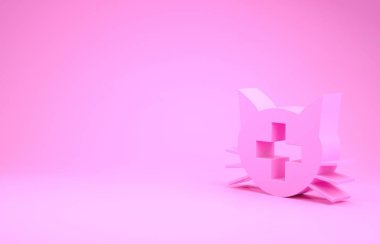 Pembe Veterinerlik Kliniği sembolü pembe arka planda izole edilmiş. Kedi veterinerliği ile karşılaştır. Evcil hayvan ilk yardım işareti. Minimalizm kavramı. 3d illüstrasyon 3d canlandırma