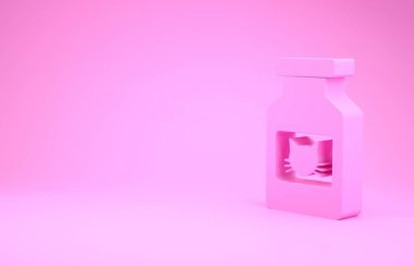 Pembe kedi ilaç şişesi ikonu pembe arka planda izole edilmiş. İçinde haplar olan konteynır. Hayvan için reçeteli ilaç. Minimalizm kavramı. 3d illüstrasyon 3d canlandırma