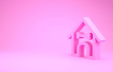 Pembe Köpek evi ve pembe arka planda izole edilmiş kemik ikonu. Köpek kulübesi. Minimalizm kavramı. 3d illüstrasyon 3d canlandırma
