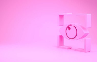 Pembe Göz tarama simgesi pembe arka planda izole edildi. Göz taraması yapılıyor. Güvenlik kontrol sembolü. Siber göz işareti. Minimalizm kavramı. 3d illüstrasyon 3d canlandırma