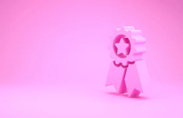 Medalla Rosa con icono de estrella aislado sobre fondo rosa. Signo de logro del ganador. Medalla de premio. Concepto minimalista. 3D ilustración 3D render —  Fotos de Stock