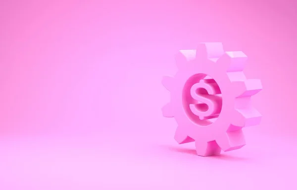 Růžové ozubení s ikonou symbol dolaru izolované na růžovém pozadí. Obchodní a finanční koncepční ikona. Minimalismus. 3D ilustrace 3D vykreslení — Stock fotografie