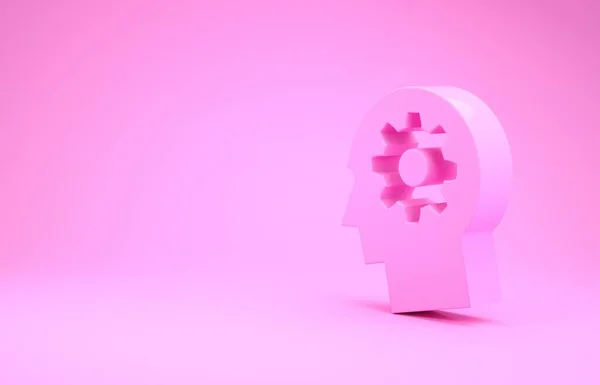粉色人头与齿轮内图标孤立的粉红色背景。 人工智能。 思考大脑信号。 大脑的符号工作。 最低纲领的概念。 3d说明3d — 图库照片