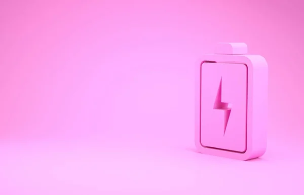 Рожева піктограма батареї ізольована на рожевому фоні. Символ блискавки. Концепція мінімалізму. 3D ілюстрація 3D рендеринга — стокове фото