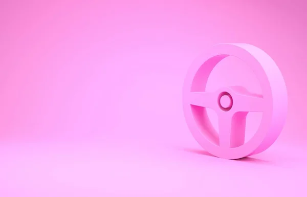 Розовый значок руля изолирован на розовом фоне. Значок колеса машины. Концепция минимализма. 3D-рендеринг — стоковое фото