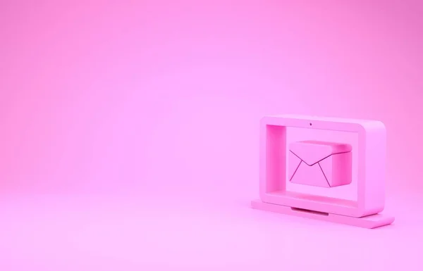 Розовый ноутбук с конвертом и открытой электронной почты на экране значок изолирован на розовом фоне. Электронный маркетинг, концепции интернет-рекламы. Концепция минимализма. 3D-рендеринг — стоковое фото