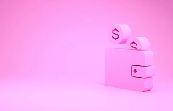 Ροζ πορτοφόλι με κέρμα εικονίδιο απομονώνονται σε ροζ φόντο. Πορτοφόλι χρημάτων. Σύμβολο δολαρίου. Μινιμαλιστική έννοια. 3D απεικόνιση 3d καθιστούν — Φωτογραφία Αρχείου