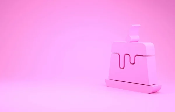Pink Pudding κρέμα με καραμέλα γάνωμα εικονίδιο απομονώνονται σε ροζ φόντο. Μινιμαλιστική έννοια. 3d απεικόνιση 3D καθιστούν — Φωτογραφία Αρχείου