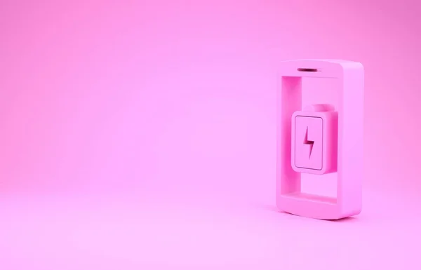 Pinkfarbenes Smartphone-Ladesymbol isoliert auf rosa Hintergrund. Telefon mit niedriger Akkuladung. Minimalismus-Konzept. 3D Illustration 3D Renderer — Stockfoto