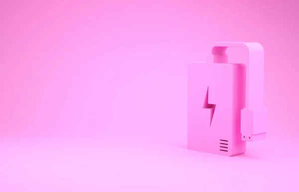 Banco de energia rosa com ícone de cabo de carga diferente isolado no fundo rosa. Dispositivo de carregamento portátil. Conceito de minimalismo. 3D ilustração 3D render — Fotografia de Stock