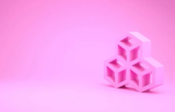 Ícone de cubo isométrico rosa isolado em fundo rosa. Cubos geométricos ícone sólido. Sinal quadrado 3D. Símbolo da caixa. Conceito de minimalismo. 3D ilustração 3D render — Fotografia de Stock