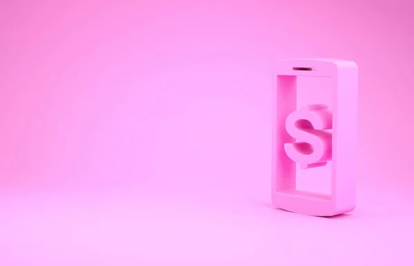Smartphone rosa com ícone símbolo dólar isolado no fundo rosa. Conceito de compras online. Ícone de telefone celular financeiro. Pagamento online. Conceito de minimalismo. 3D ilustração 3D render — Fotografia de Stock