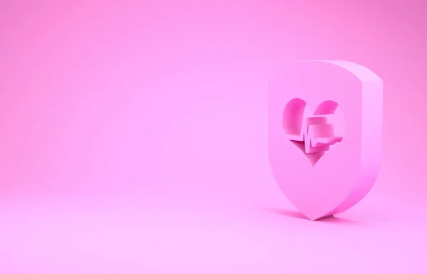 Розовый щит и значок сердечного ритма выделены на розовом фоне. Концепция охраны здоровья. Здравоохранение Концепция минимализма. 3D-рендеринг — стоковое фото